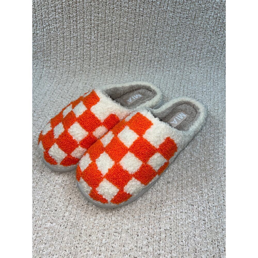 Mia Cozi Faux Fur Check Slide Slippers Women's Orange/Cream Size US7M EU38